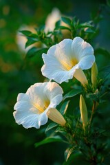Fototapeta premium White flowers with yellow centers on green background, gardening marketing concept, nature tourism promotion, eco-friendly product campaign