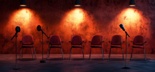 Row of empty chairs under dramatic red stage lights