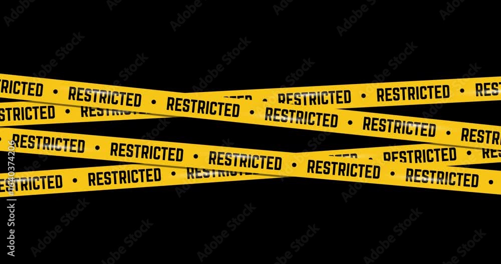 Poster animated design of intertwined yellow caution tape with restricted text on a black background