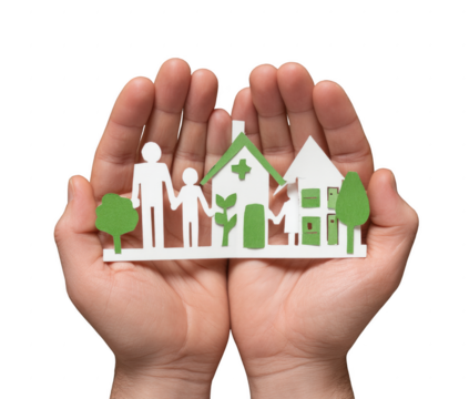 A hand holding a paper cutout of a family and a house