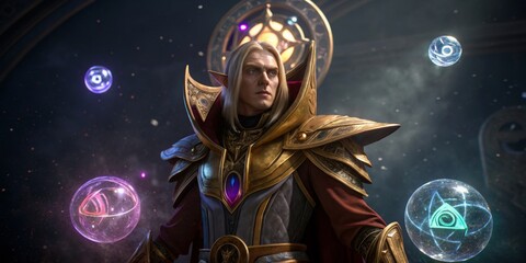 Majestic sorcerer harnesses cosmic energy amidst ethereal spheres in mystical realm