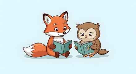 Fox and owl reading a book together, cute vector art