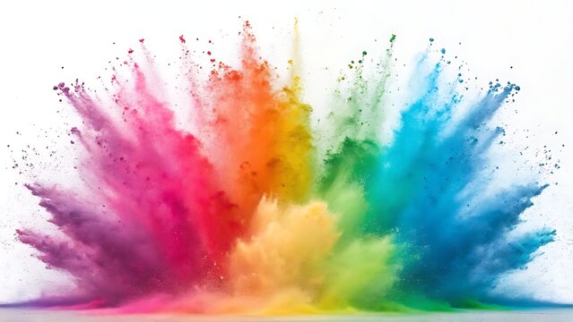 Rainbow dust powder explosion transparent PNG, isolated background. Dynamic blast eruption, vibrant colorful effect, lgbt, party, celebration, festival, color run element white background