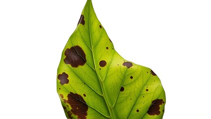 Abstract close-up of a wilting green leaf with dark spots, starkly contrasted against a sterile white background.