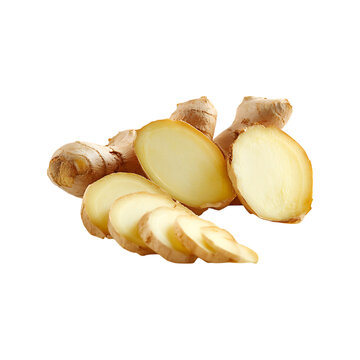 Fresh ginger root with slices isolated on a transparent background.