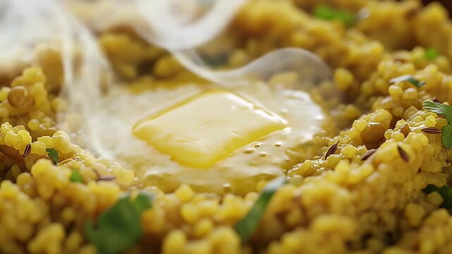 cinematic indian food asmr steaming golden khichdi with melting ghee