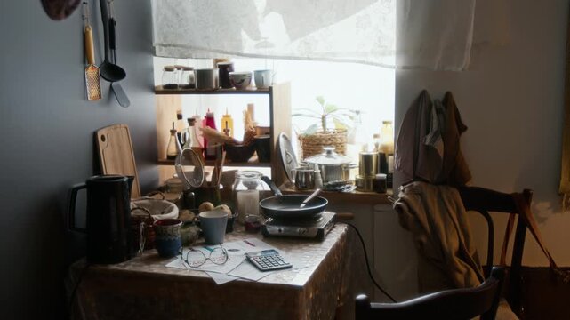 No people shot of messy kitchen with table cluttered with cooking implements, and food and documents