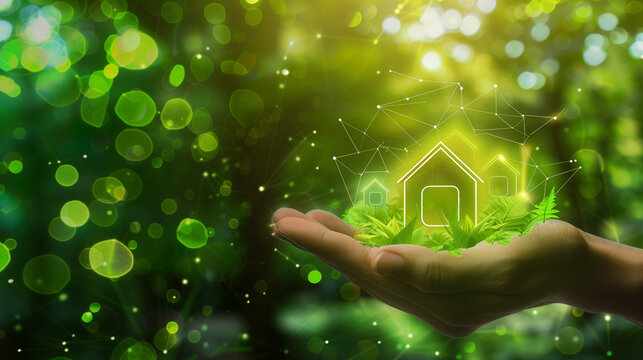 Hand holding eco-friendly house hologram in green forest representing sustainable living and energy - Powered by Adobe