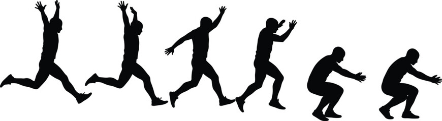 Silhouette of man in jumping sequence, multiple poses, motion movement, athletic activity, fitness, energy, sport concept, black figure art