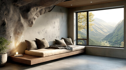 Modern living room with large windows, minimalist decor, cozy seating, natural light highlighting a warm ambiance, perfect for relaxation.