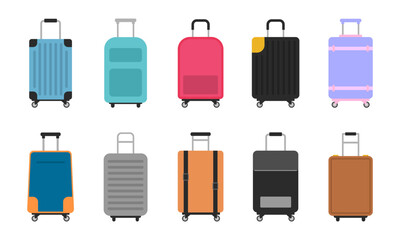 Set of luggage collection, colorful Travel luggage set for travel or journey, Suitcase plastic bag, travel bag luggage summer tour with bags and suitcases. accessory briefcase. vector illustration