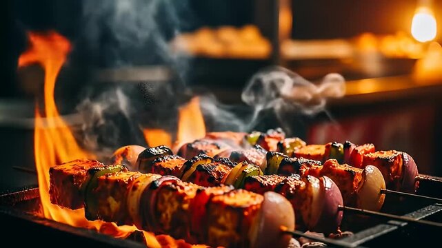 cinematic indian food asmr paneer tikka skewers cooking on hot grill