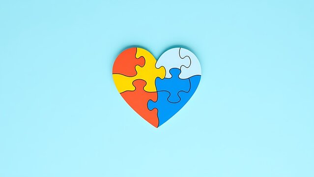 Heart-shaped puzzle on a light blue background, symbolizing autism awareness with soft overhead light.