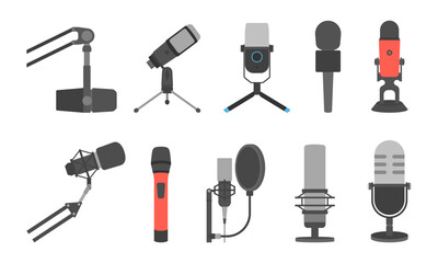 Microphone vector microphones for audio podcast broadcast or music record technology set of broadcasting concert equipment illustration isolated on white background