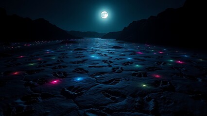 Fossilized dinosaur footprints glow like disco lights in a moonlit quarry, forming rhythmic patterns.