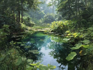 Tranquil forest pond reflecting sunlit trees; idyllic nature scene for relaxation