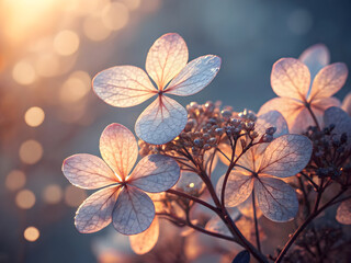 Close-up of delicate pale pink and white hydrangea flowers with soft bokeh and warm sunlight floral bloom