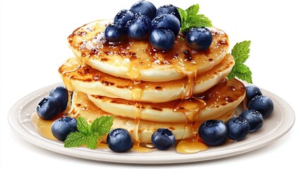 Stacked pancakes topped with blueberries, syrup, and mint on a white plate