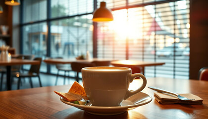 Enjoying Coffee and Snack at Cozy Cafe with Morning Sunlight