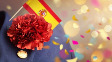 A red carnation pinned on a navy blue jacket, golden sunlight filtering through festive flags and confetti.