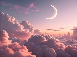 Crescent moon glowing in a pink and purple sky filled with fluffy clouds at sunset or sunrise image photo