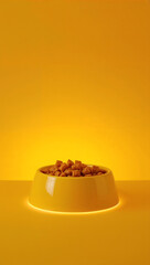 Bright Yellow Dog Food Bowl Filled with Kibble Against a Matching Yellow Background Studio Shot