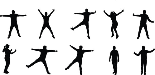 Fototapeta premium Silhouettes of active people jumping, posing, and standing in various energetic body positions, isolated on a clean white background.