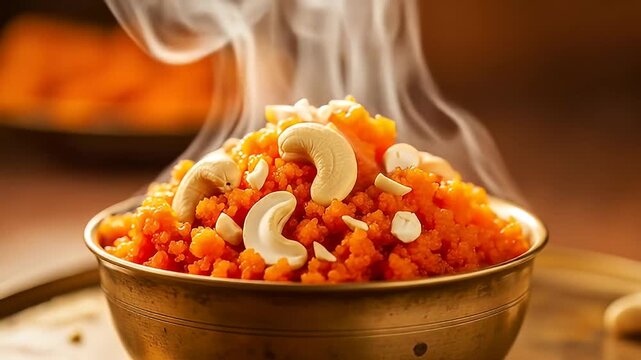 cinematic indian food asmr hot sweet dish sooji halwa cashews