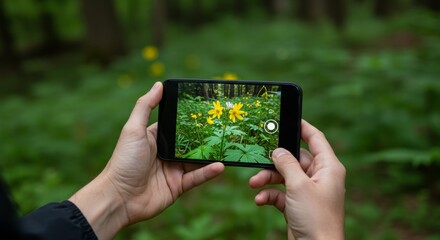 Man holding a smartphone to capture an image of yellow flowers in a forest. Concept of nature photography.