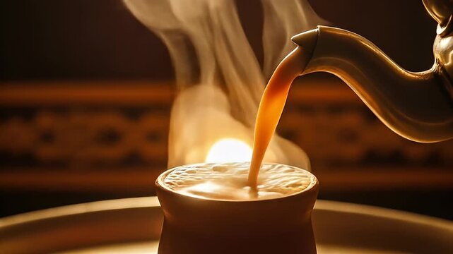 cinematic indian food asmr traditional chai tea pouring steam from kettle