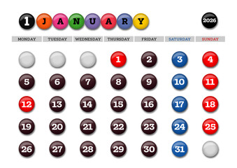 2026年1月の丸いチョコレート風カレンダー 月曜始まり