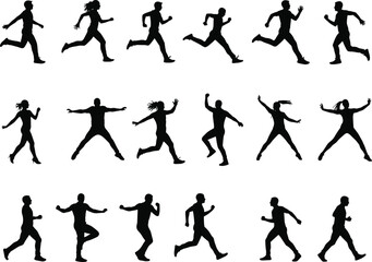 Silhouettes of diverse men and women running, jumping, and walking in various active poses, isolated on white background.
