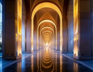 Obraz premium Illuminated architectural hallway with repeating arches and reflective floor 