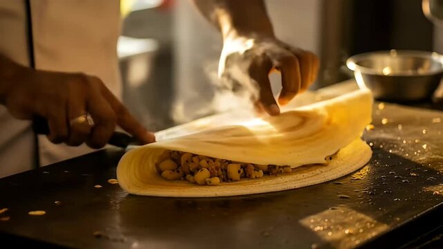 cinematic indian food asmr chef prepares steaming hot masala dosa