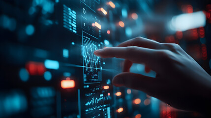 A hand interacting with a glowing screen displaying data charts and information in a futuristic setting
