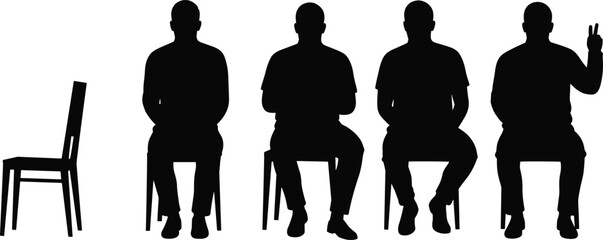 Silhouettes of four men sitting on chairs with one empty chair, isolated on white background, concept of waiting, patience, peace.