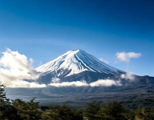 Fototapeta premium Majestic mount fuji peaks through wispy clouds in a serene landscape
