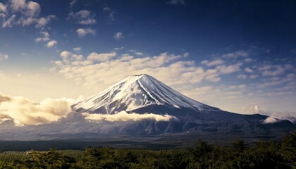 Majestic mount fuji peaks through wispy clouds in a serene landscape
