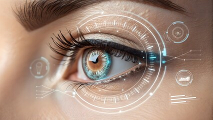 Metallic lash sheen with translucent digital interface elements over closed eye, futuristic beauty tech.