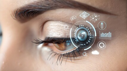 Metallic lash sheen with translucent digital interface elements over closed eye, futuristic beauty tech.