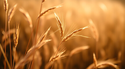 Golden wheat field gently swaying in the warm sunlight at sunset
