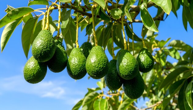 A close-up view of a lush avocado tree branch, heavily laden with multiple ripe, green fruits ready to be harvested
