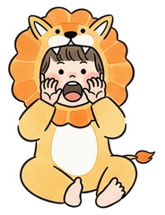 Obraz premium A child wearing a lion costume, expressing excitement with a surprised facial expression and hands raised to their mouth.