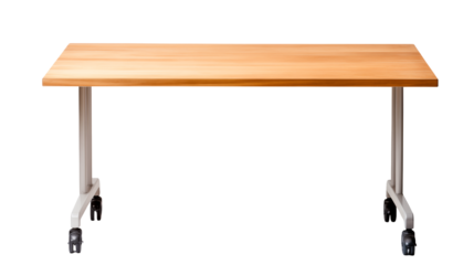 A light brown wooden table with silver legs and black wheels isolated on a black background studio shot