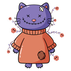 purple halloween cat with skull tree