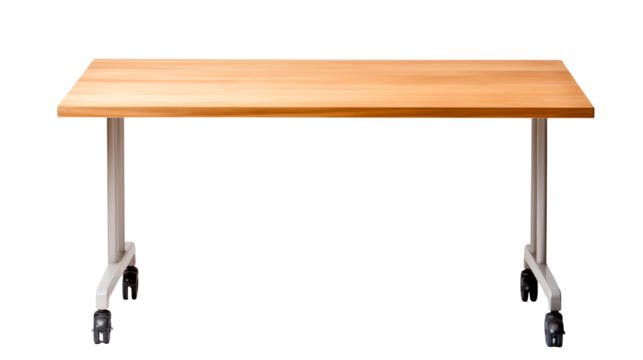 A light brown wooden table with silver legs and black wheels isolated on a black background studio shot