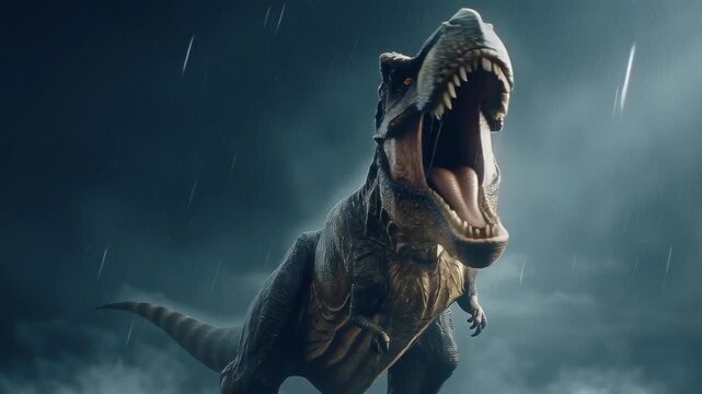 medium shot, a powerful Tyrannosaurus Rex lets out a deafening roar, captured in a dynamic low angle, rain-slicked skin, volumetric mist swirling around its feet