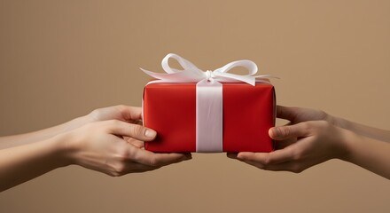 Red gift box with white ribbon being exchanged between two hands, minimal holiday concept on beige background