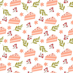 Autumn Seamless Pattern with Cake Slice, Berries, and Leaves Vector Illustration