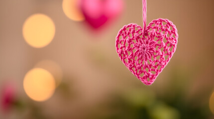 Pink crochet heart hanging with bokeh lights in background